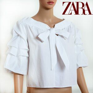 Zara Basic White Balloon Puffy Sleeve Blouse Off the Shoulder Keyhole Bow